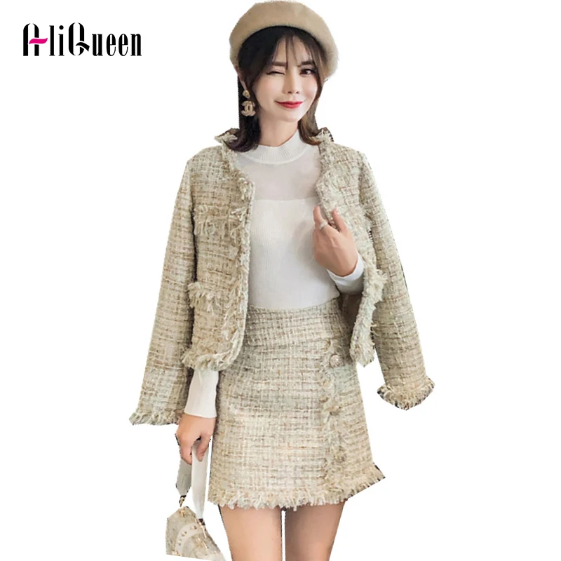 Комплект из двух предметов 2019 зимний твидовый жакет и юбка с золотыми пуговицами