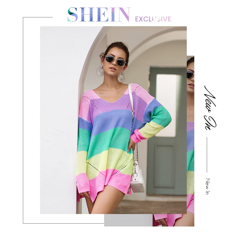 SHEIN Радуга Полосатый Падение плеча Длинный свитер женские топы осень уличная одежда с длинным рукавом V шеи негабаритных Сплит свитера