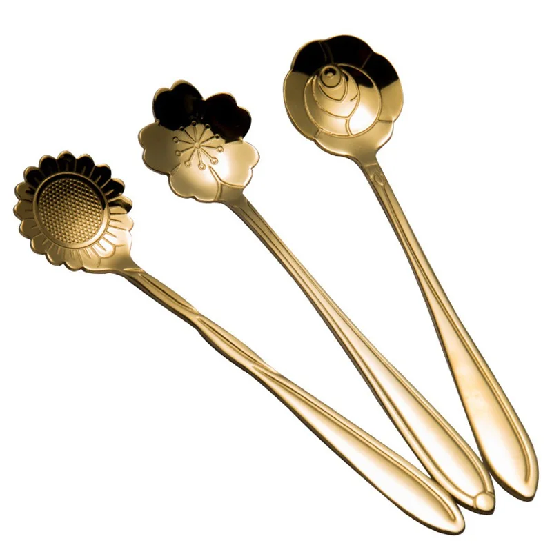 

Flowers Design Gold Spoon Long Handle Dessert Tea Coffee Mixing Spoon Stainless Steel Vintage Teaspoons Drink Tableware #5