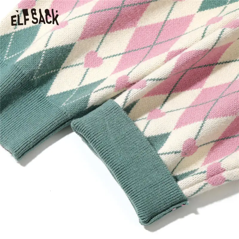 ELFSACK Fox Jacquard Argyle Casual Pullover Knit Sweaters Women,2020 Winter ELF Vintage Korean Ladies Daily Soft Graphic Tops