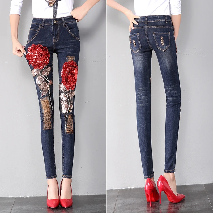 Джинсы женские осенне-зимние облегающие брюки с красными розовыми блестками и