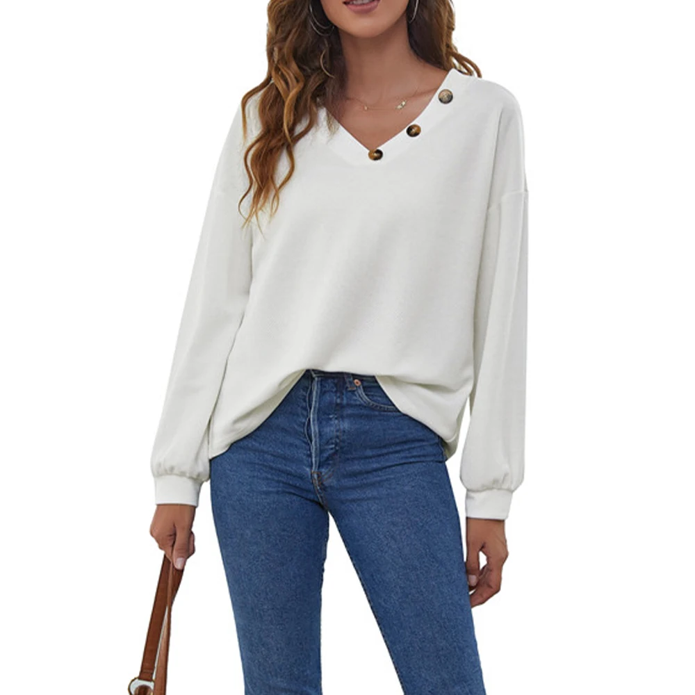 

Autumn Women Long Sleeve Solid Jumper Knitted T-Shirt V-Neck Button Pullover Fashion Casual Loose Tee Tops Simple Blouse Clothes