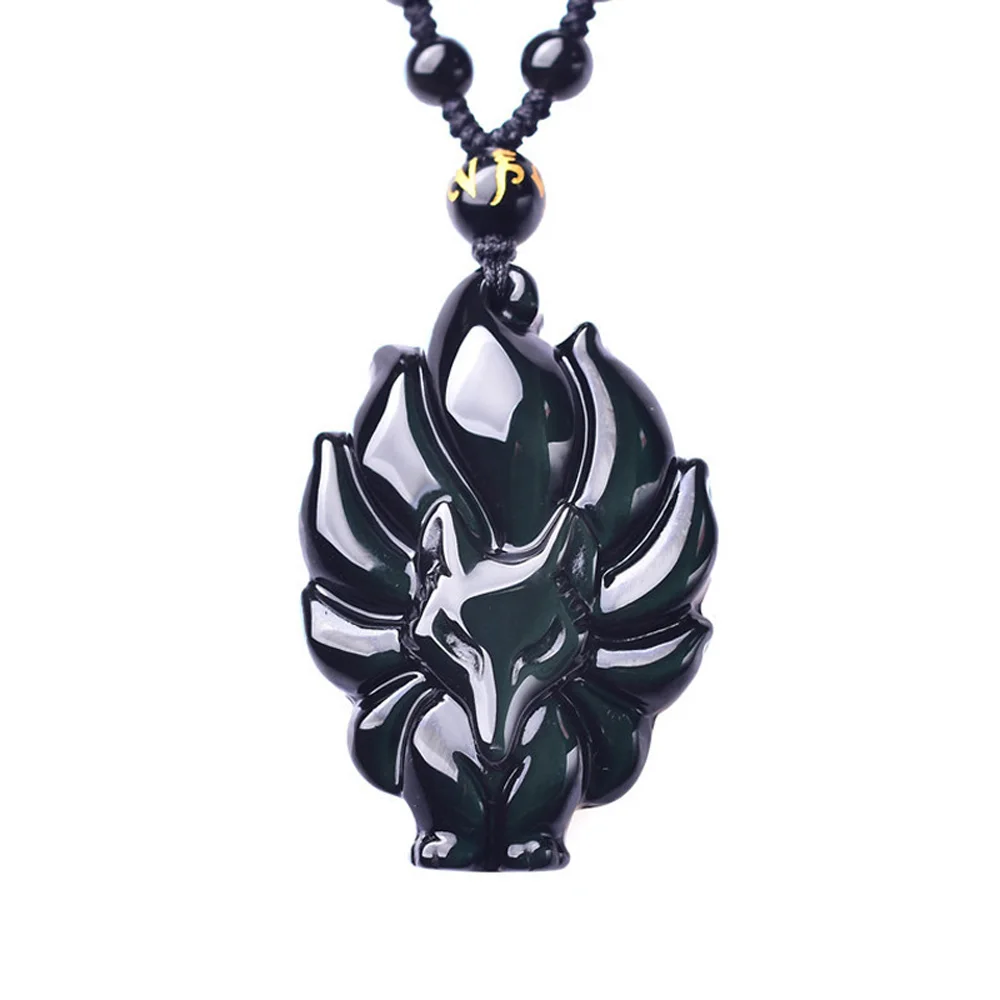 100% натуральный Радуга Обсидиановая лиса кулон Рабочий стол с девятью Лис