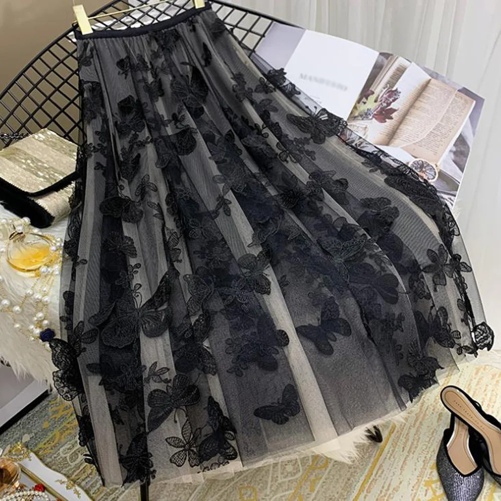 Женская длинная фатиновая юбка черная плиссированная с высокой талией