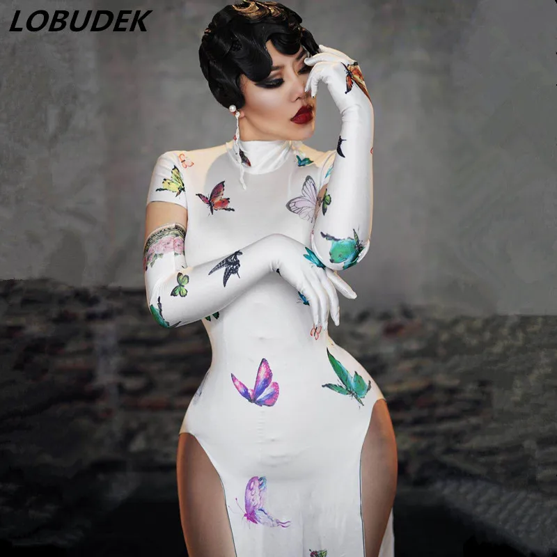 

Singer Dancer Stage Vintage Costume White Cheongsam Butterfly Pattern Slit Long Dress Bar Club Sexy Party Show Dance Wear Women
