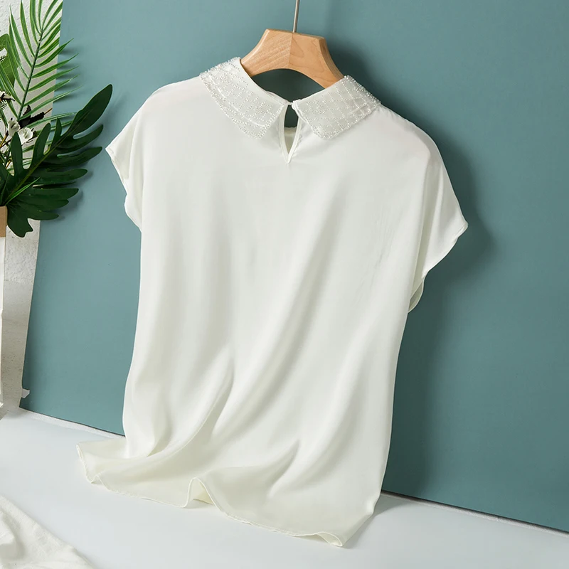 

100% Natural Silk Women's Shirt Peter Pan Collar Short Sleeves Beaded Lace Up Fashion Summer Blouse Tops