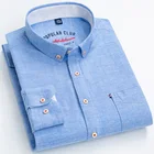 Рубашка мужская хлопковая с длинными рукавами, Повседневная Свободная деловая Классическая, однотонная блуза с воротником на пуговицах, синяя белая
