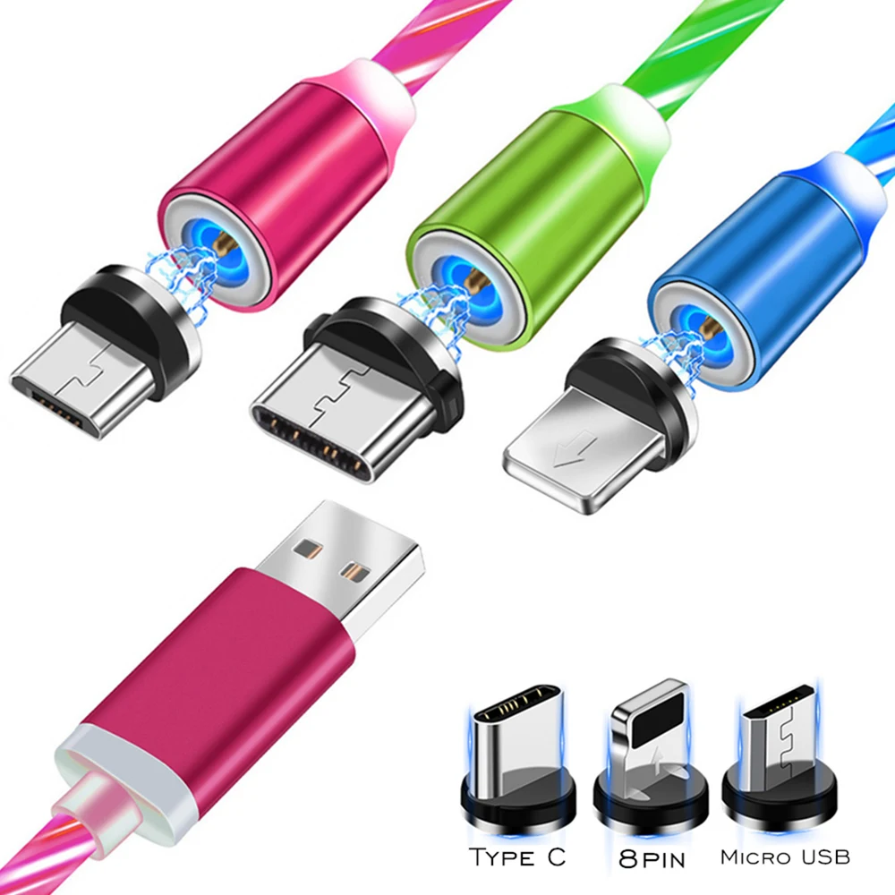 1 м светящийся светодиодный кабель Micro USB Type C магнитное зарядное устройство для