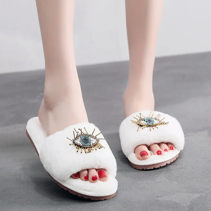 

Fashion Trending Wool Sleeper Eyes Plush Slippers for Women Home Soft Bottom Can Be Worn outside Cotton Slippers Wholesale