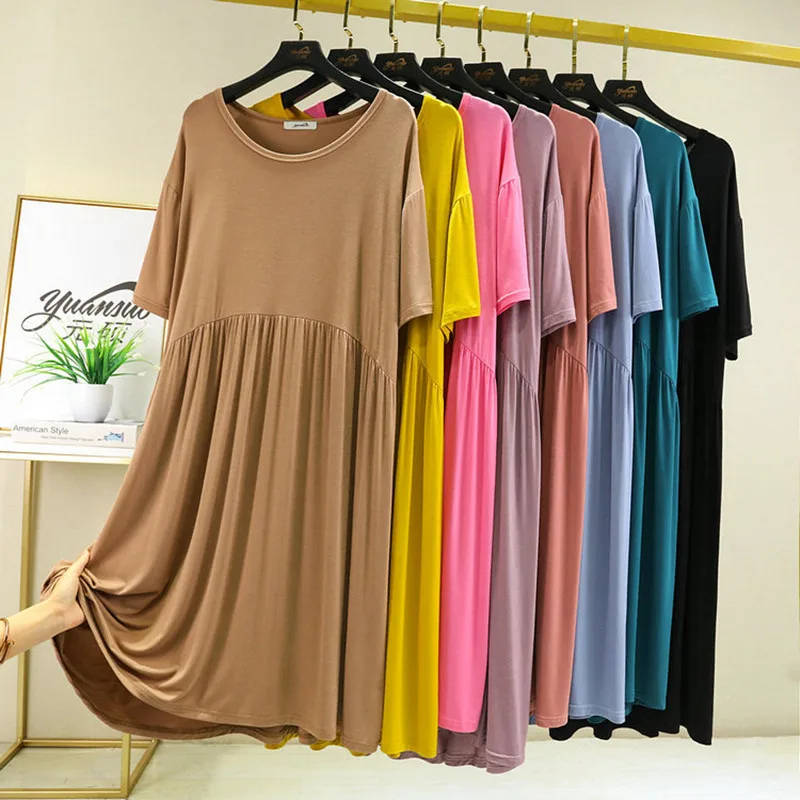 Modal Short-Sleeved Nightshirt Pleated Dress Female Summer Nightgowns Women Korean Loose Large Size Black Swing Nightdress