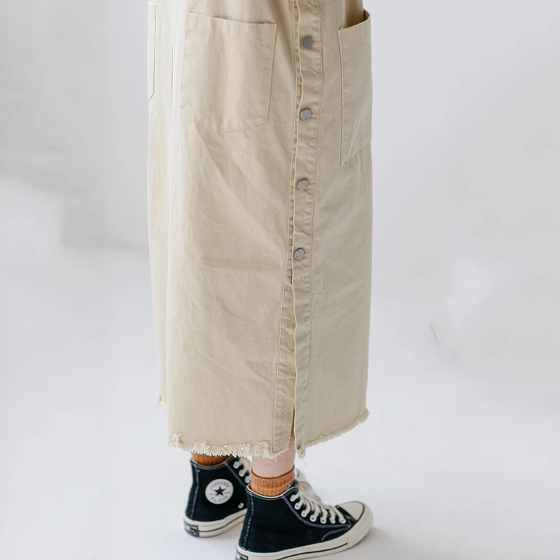 

2020 Summer Womens Tassel Loose Denim Jumpsuit Skirt Casual All-match Preppy Style Button Pockets Suspender Skirt Korean Style