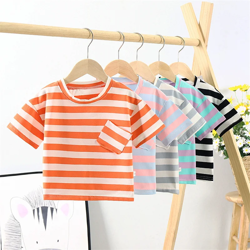 

Boy Girl Tee Solid Color t-shirts Baby Boys T-shirts Summer striped Short Sleeve Kids Tees Children Clothing детская одежда