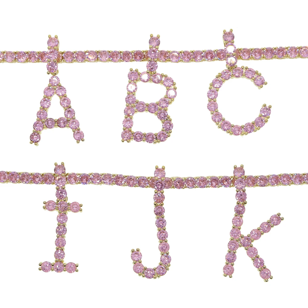 

Pink letter Rock hip hop bling jewelry iced out cz Alphabet pendant AAA CZ Name CZ tennis chain Initial Necklace 2020 new style