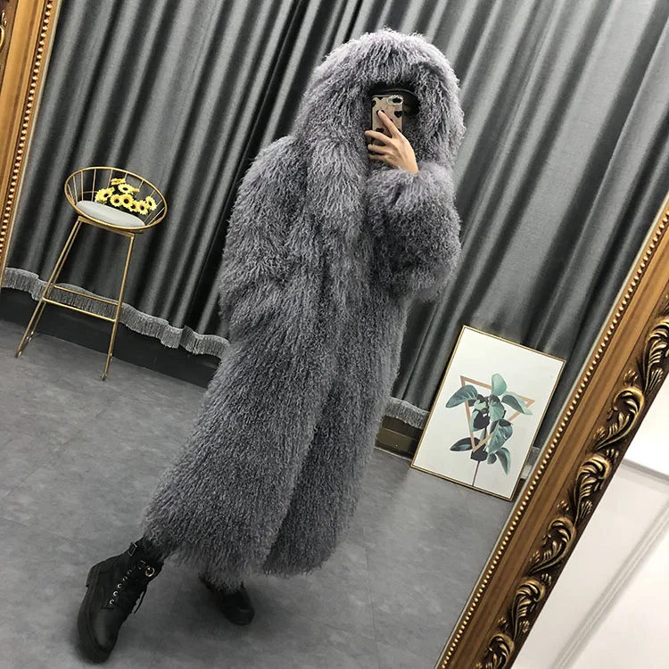 as picture Женское пальто из натурального монгольского овечьего меха с капюшоном, Пляжное шерстяное пальто, зимнее пальто из овечьей шерсти, длинная верхняя одежда, Женская одежда из овечьей шкуры - Цвет: as picture