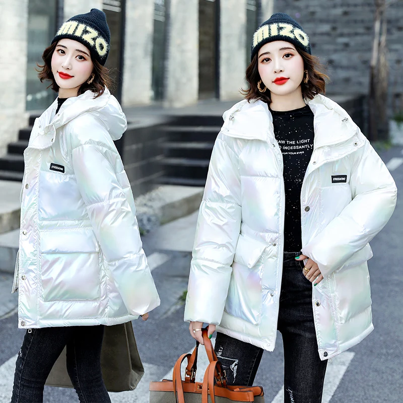 

Women's Winter Jacket Down Cotton Parkas The New 2021 Hooded Mid-Length Glossy White Pink Purple Green Women Warm Top Outerwear