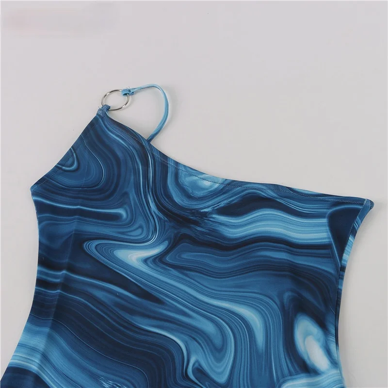 

Tie Dye Midi Summer Dress with Ring Women Club Outfits One Shoulder Strap Party Sexy Bodycon Dresses 2021