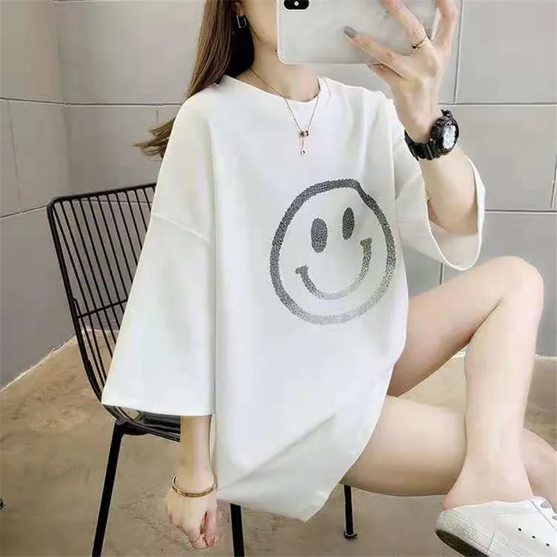 

2021 European and OK American women's round neck smiley face loose plus size short-sleeved T-shirt 1956