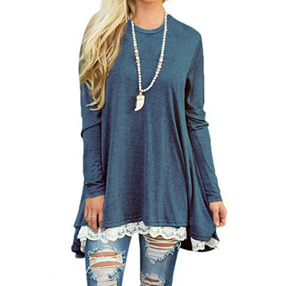 

Dresses For Women Summer Casual Loose Fashion Vintage Dress Lace Irregular Hem Female Long Sleeve O Neck Skirt Party Dresses