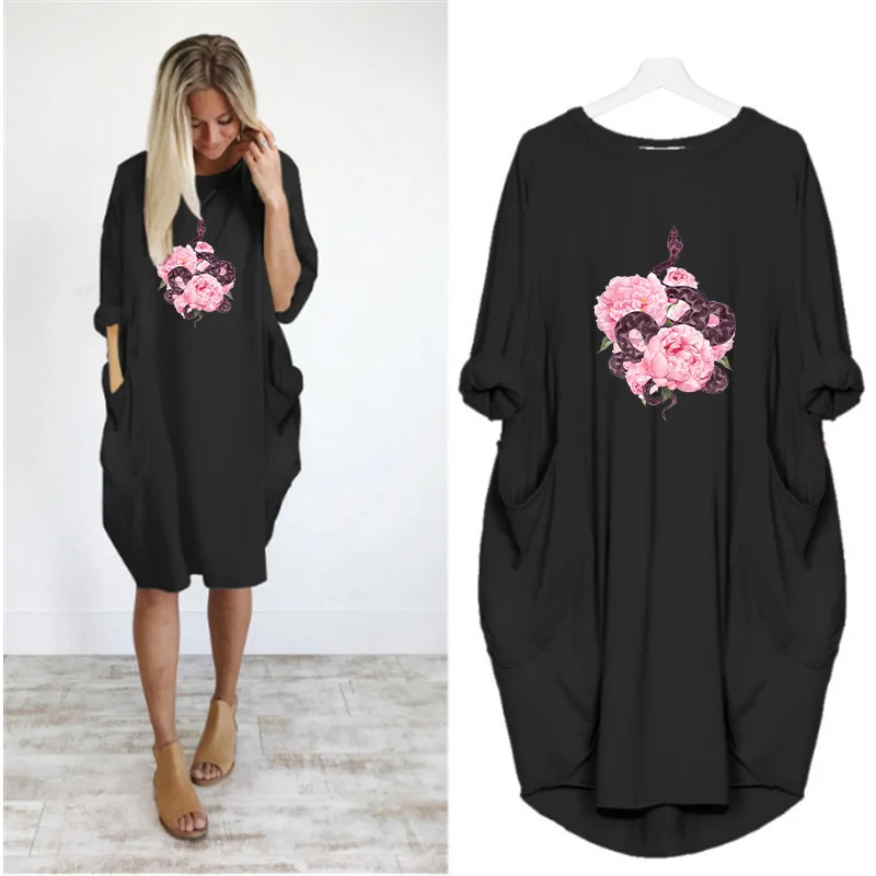 

Antumn Dress for Woman Dresses Python&flower Print Plus Size 5Xl Long Sleeve o Neck Party Club Midi Dress De Mujer Pregnant