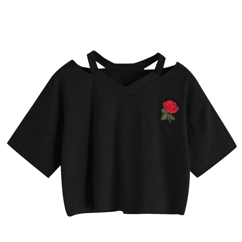 

2021fashion Ladies Casual Solid Blouse Embroidery Rose Short Sleeve Loose T-shirt V-neck Vest Tops