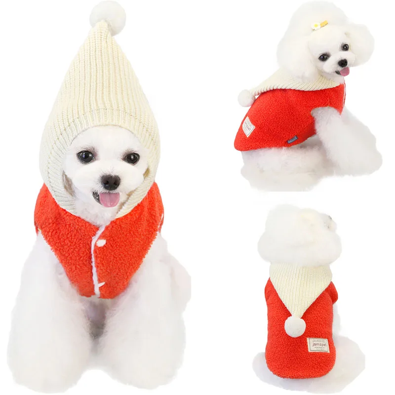 

Cute Thicken Dog Clothes Winter Warm Fleece Coat Jacket For Small Dogs Knit Hooded Short Sleeve Vest Coat Outfit Apparel 3 Color