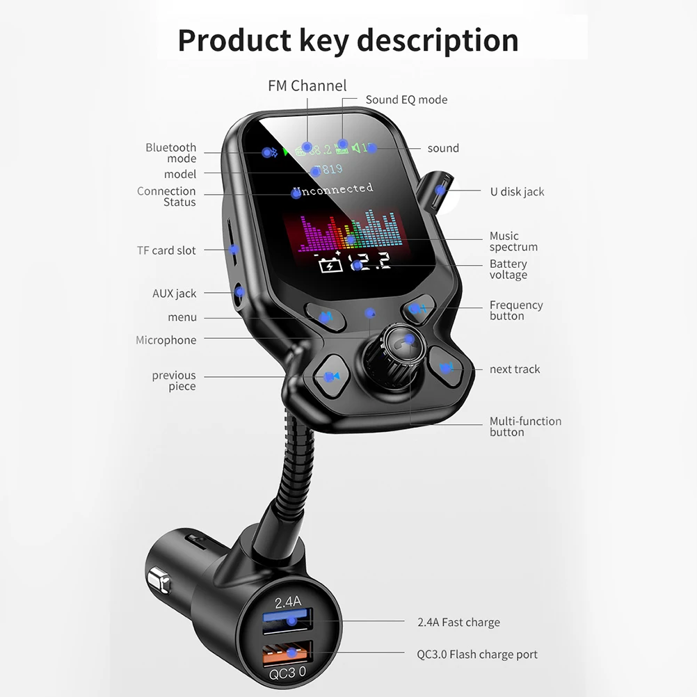 

Wireless In-Car Bluetooth FM Transmitter Radio Adapter Car Kit,1.8 Inch Display