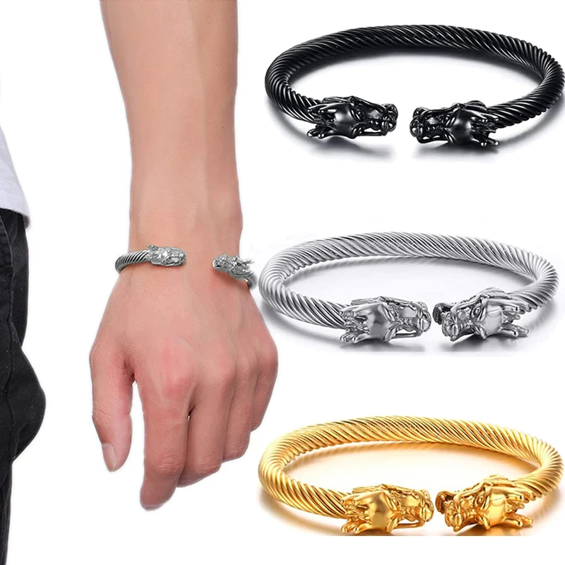 

Men's Retro Nordic Viking Dragon Celtic Wolf Head Trend Bracelet Jewelry Classic Double Dragon Head Twisted Circle Bracelet