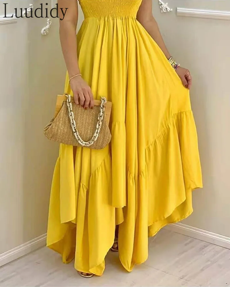 

Women Solid Color Sleeveless High Waist Big Swing Maxi Dress