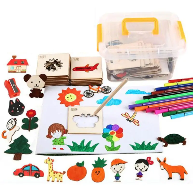 

145 Pcs/Set Painting Template Baby Graffiti Color Learning Painting Tools Children DIY Handmade Wooden Toy Painting Set