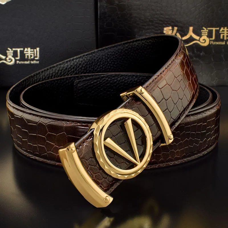 

High Quality Fashion Cowhide Belt Casual V Letter Black Leather Designer Belt Men's Smooth Button Ceinture Homme