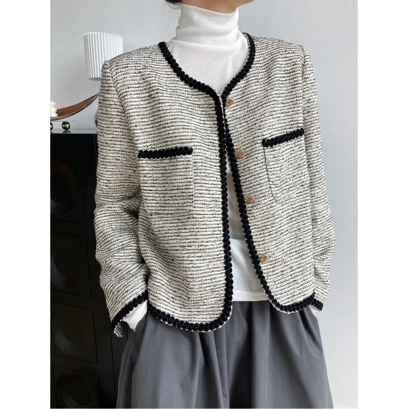 

Женская твидовая куртка с карманами, винтажное однобортное Короткое шерстяное пальто с круглым вырезом, 2021 шерсть, осень 20%