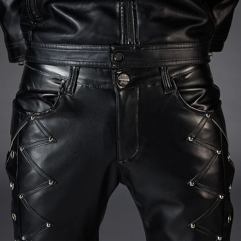 PU Faux Leather Pants For Men Brand Black Fashion Motorcycle Streetwear Punk Hip HOP Bike Trouesr | Мужская одежда