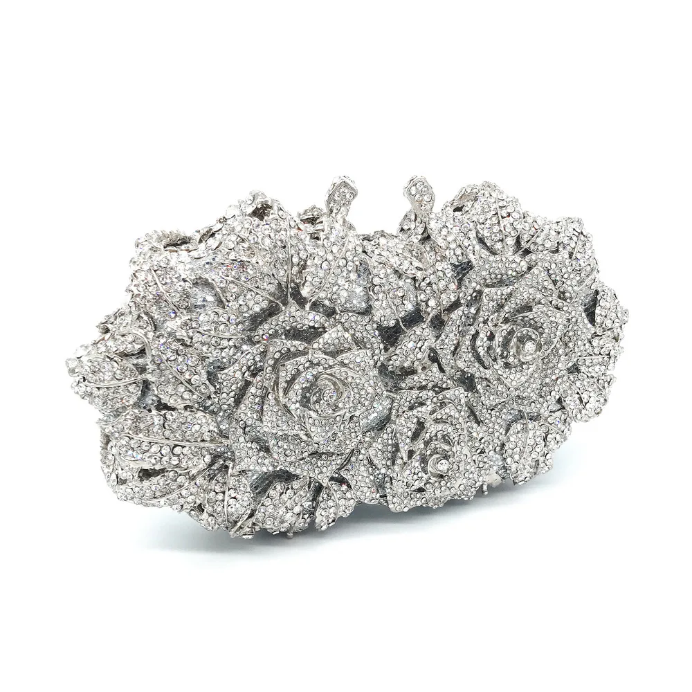 

Women Evening Bags Metal Luxury Golden Rose Diamonds Clutch Party Wedding Purse Evening Bag Solid Ladies Unusual Handbags Sac A