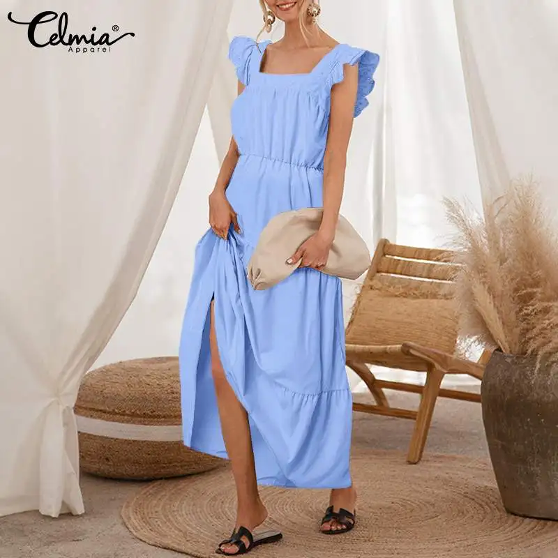 

Women Sleeveless Long Dress Celmia Elegant Ruffles Square Collar Party Midi Vestidos Casual Loose Pleated A-line Apron Dress