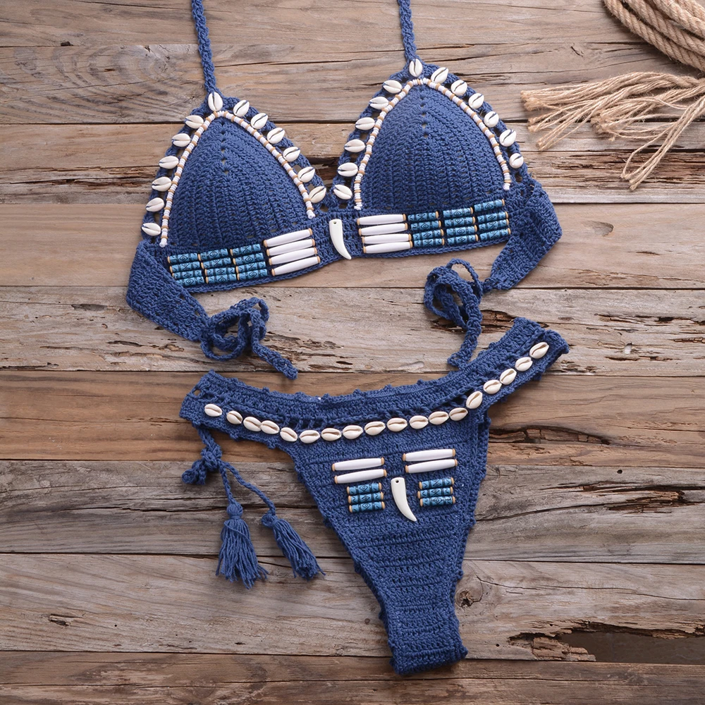 Blue sexy swimsuit, pearl shell, hand crochet, high quality, top, knitting, beach clothes, women's clothing