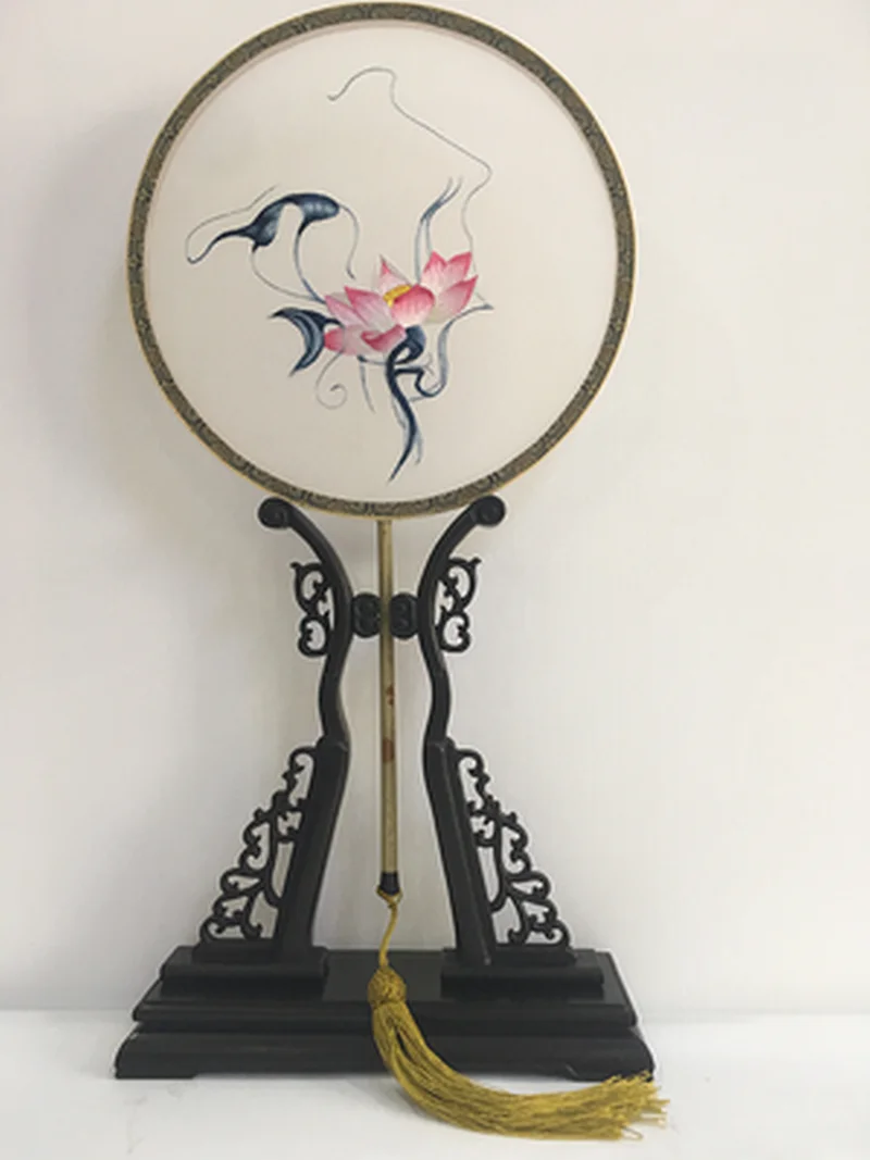 Шелковая вышивка Круглый Вентилятор дна Дворец розовое дерево бамбук в