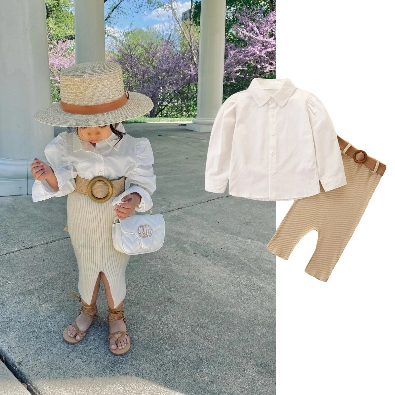 

Kids Girls Suit Set Solid Color Turn-Down Collar Long Sleeve Shirt+ Midi Skirt+ Waist Belt for Girls 1-6 Years