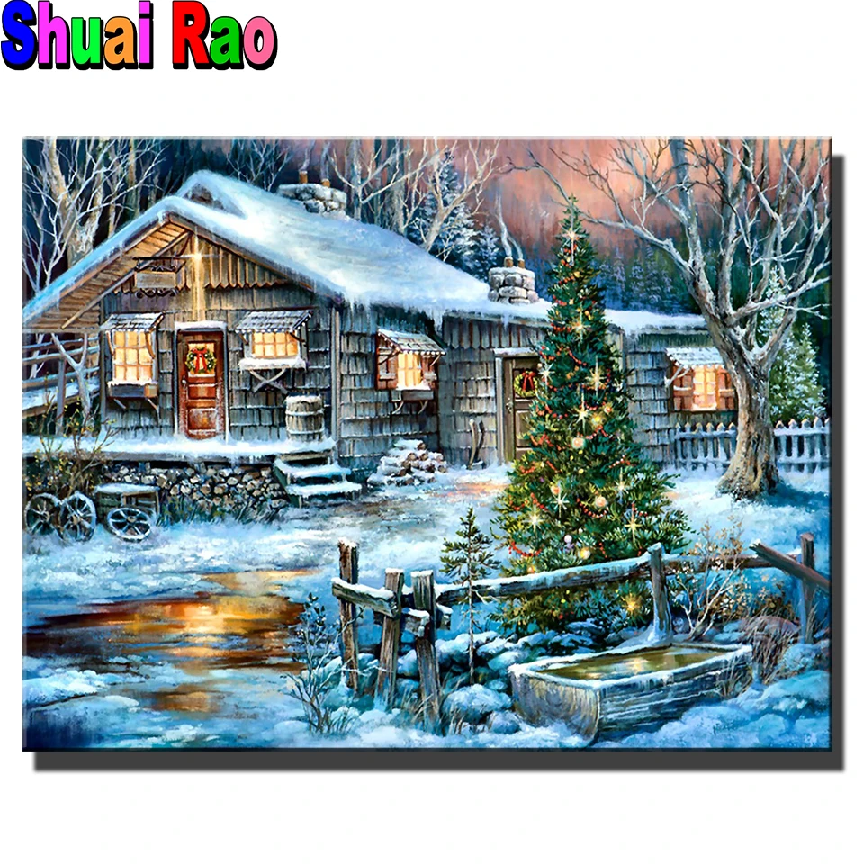 

Зимняя Рождественская Снежная живопись 5d «сделай сам», алмазная живопись, полноразмерная Круглая Мозаика, вышивка пейзажем, алмазная вышив...