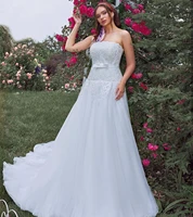 strapless wedding dress with belt low back floor length sweep train bridal gown organza lace appliques sleevelss white robe