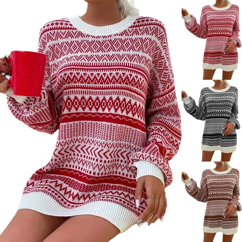 

Christmas Loose Jacquard Knitted Sweater Long Sleeve Christmas Pullover Winter Warm Casual Sweater Dress