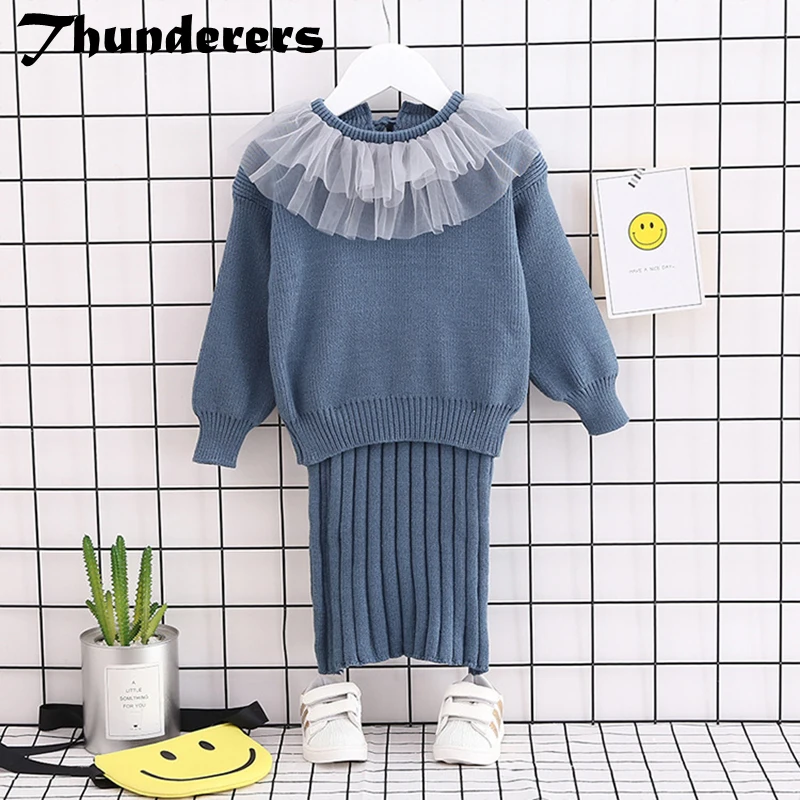 

Thunderers Kids Clothing Set For Girls Knitting Clothes Suit Turndown Collar Sweater With Dress Elegant Toddler Baby Clothes