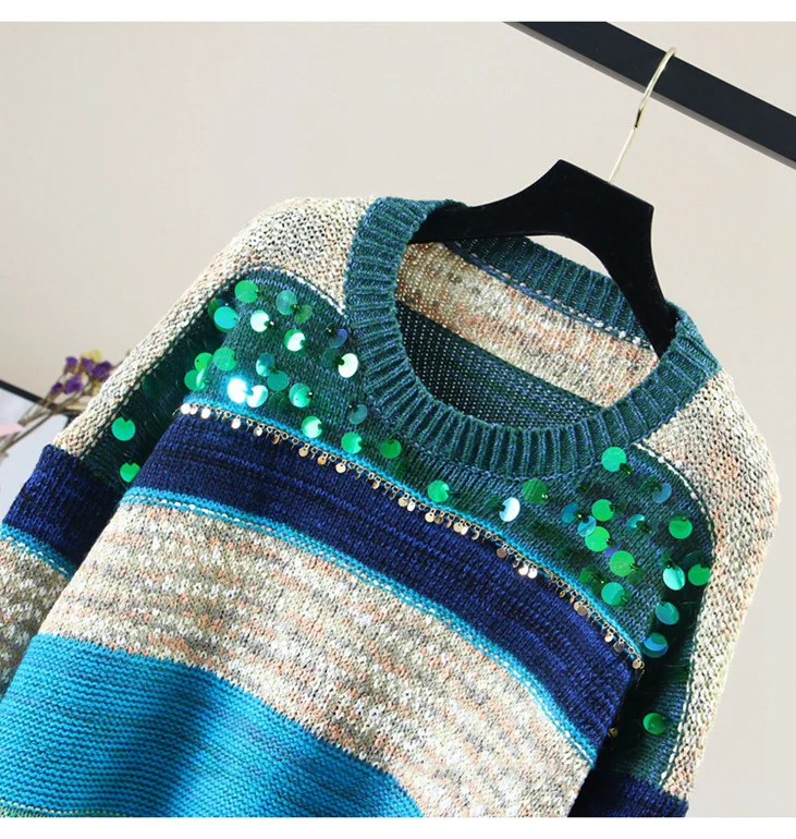 Женский вязаный свитер 2020 Корейская версия тяжелой промышленности полосатый