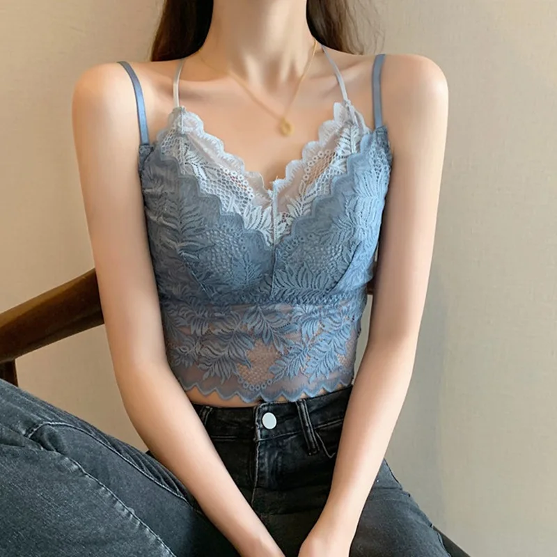 

Women Summer Sexy Camisoles Crop Top Sleeveless Slim Lady Bralette Padded Tops Strap Skinny Lace Fake Two-Piece Vest Camisole\