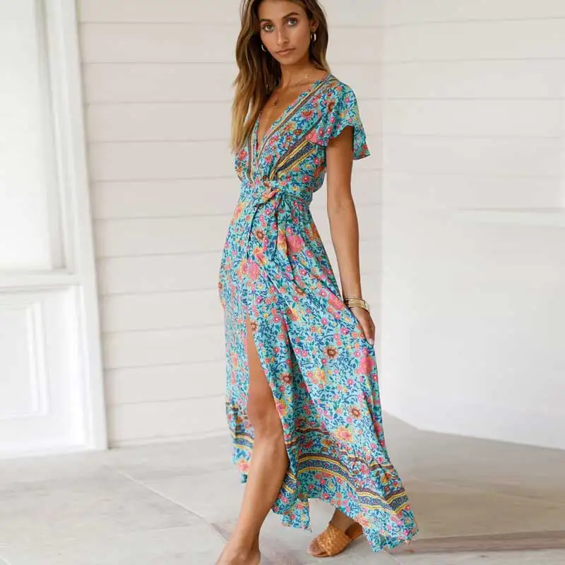 Богемный Вдохновленный мульти Цветочное платье с v-образным вырезом запахом