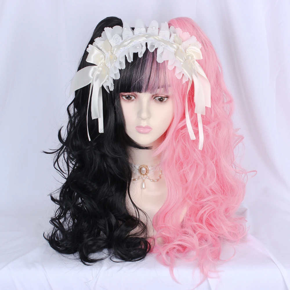 

Daily Lolita 70CM Long Curly With Bangs Black Mix Pink Hair Harajuku Cosplay Wig + 60CM Ponytails Synthetic Heat Resistant