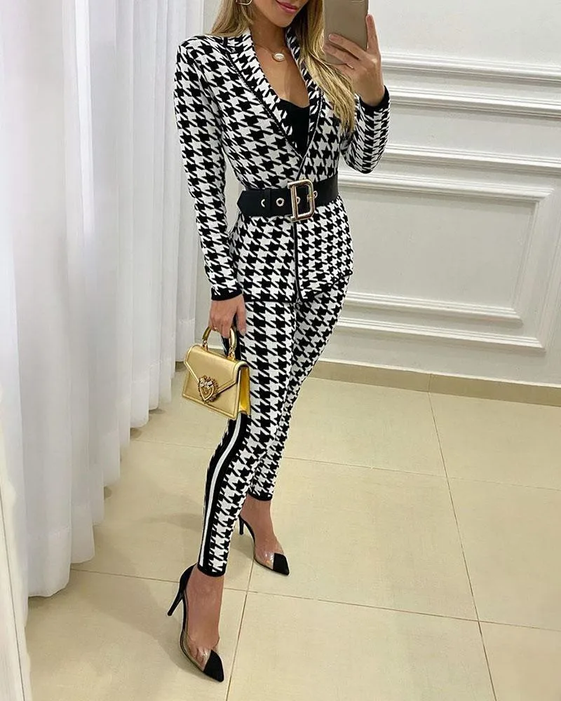 

Thousand bird check suit pants women's white printed high waist tights and leisure commuter ol check suit pants with zipper