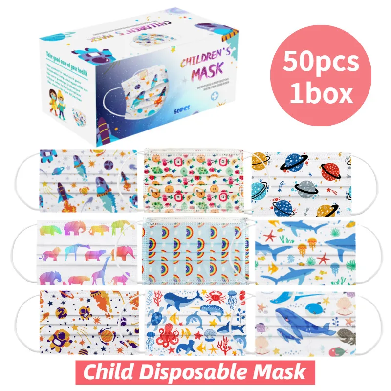 

50pc With Box Children's Cartoon Disposable Mask 3 Layer Child Kids Filter Hygiene Thicken Mouth Mask Halloween Cosplay Mask