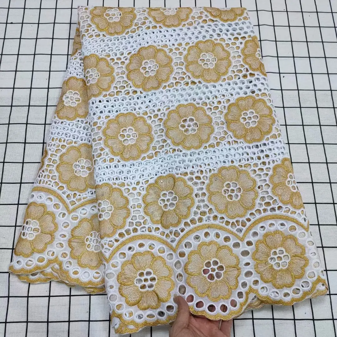 

Gold And White Swiss Voile Lace Fabric Embroidery Nigerian Laces Fabrics With Stones