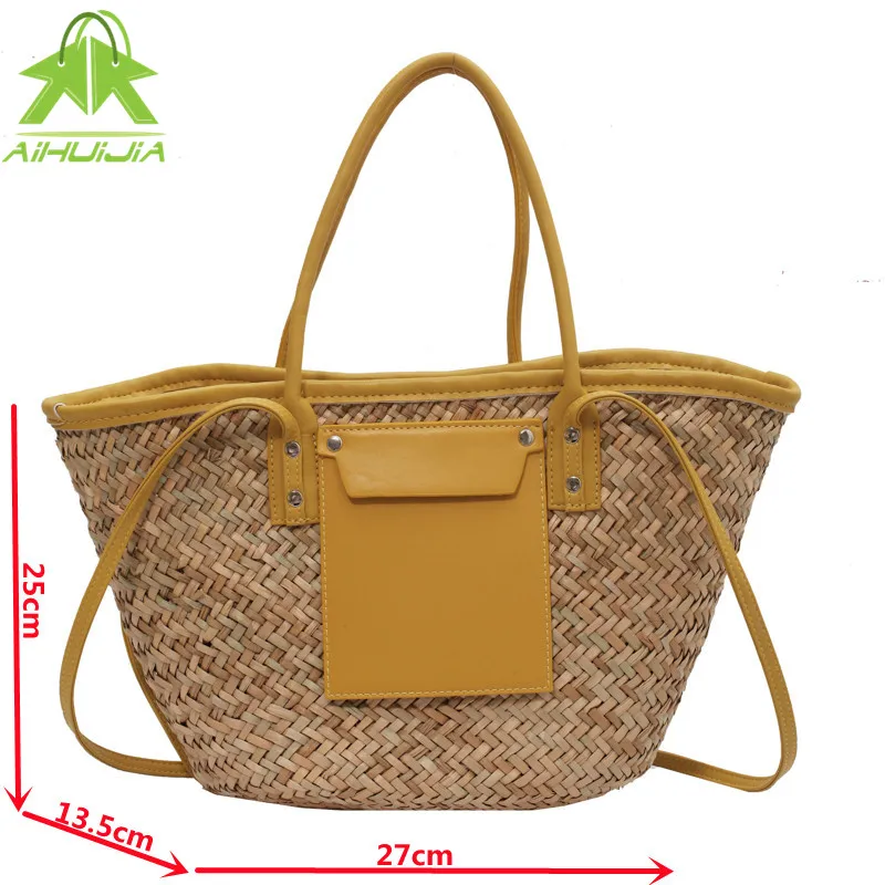 

Wicker Woven Rattan Bags for Women Handbags 2021 Summer Bohemia Leather Splicing Shoulder Crossbody Bag Beach Straw Basket Bag