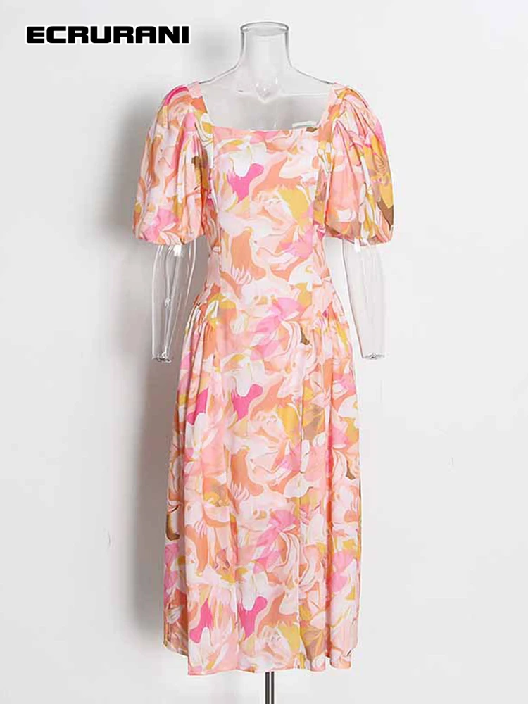

Платье ECRURANI женское с квадратным вырезом, милый свободный сарафан с коротким рукавом и высокой талией, с цветными вставками, складками, 2021